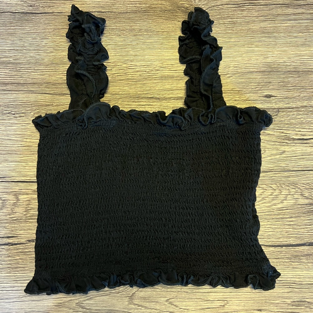 Shein Frill Black Crop Tank Top, Size Medium